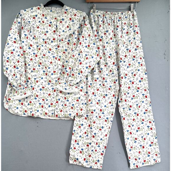 VTG Cotton Flannel Pajama Set M 70s Floral Eylet Lace Cottagecore Modest Prairie - Picture 1 of 16